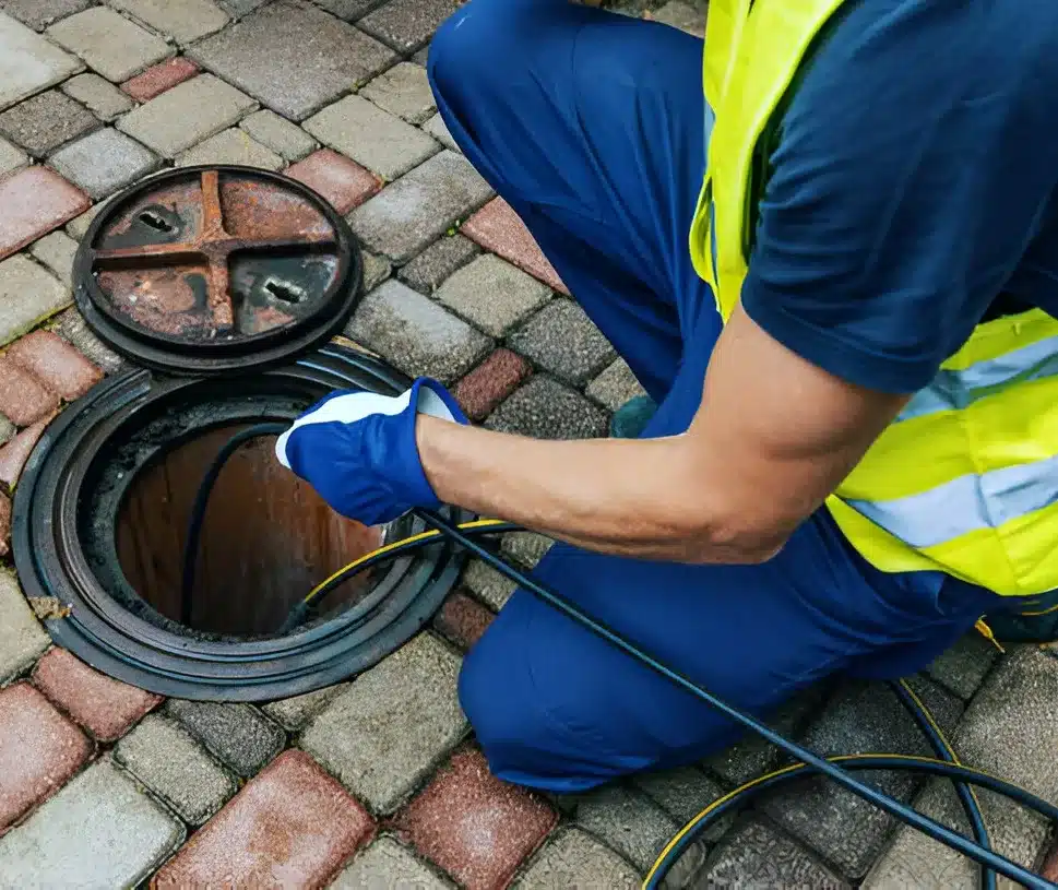 Restoration technician performing sewage cleanup at an open manhole on a paved surface